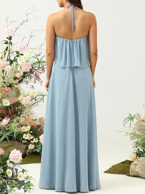 A Line Halter Neck Blue Long Bridesmaid Dress