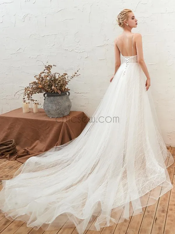 A-line Lace V-neck Backless Tulle Newest Wedding Dresses, YKX082