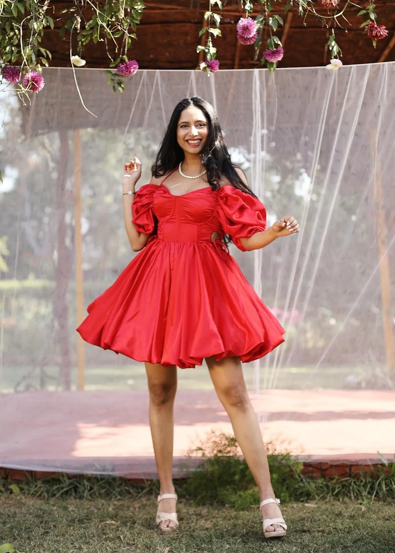 Juliet Red Satin Cutout Puff Corset Mini Dress